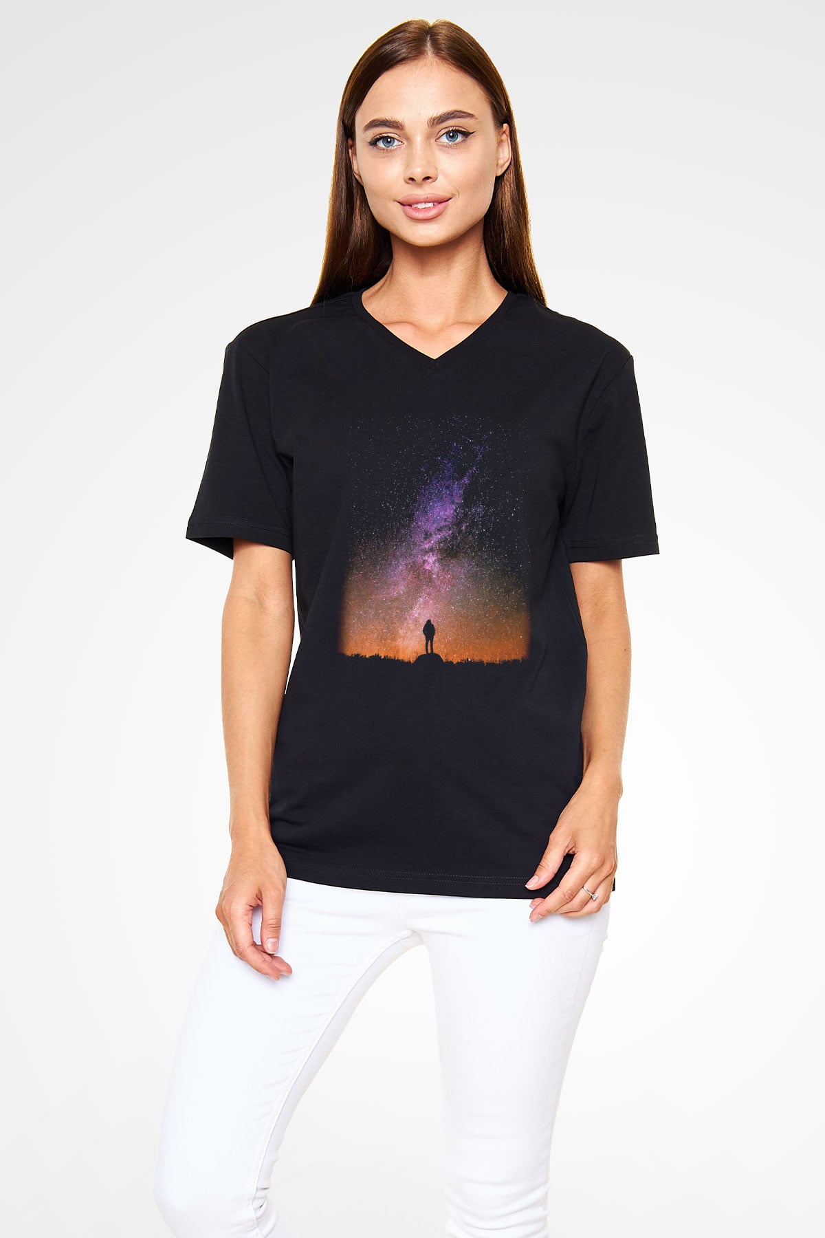 Yıldız Siyah Unisex V Yaka Tişört T-Shirt