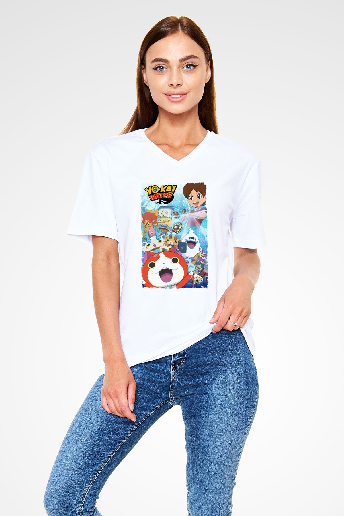 Yo-kai Watch Beyaz Unisex V Yaka Tişört
