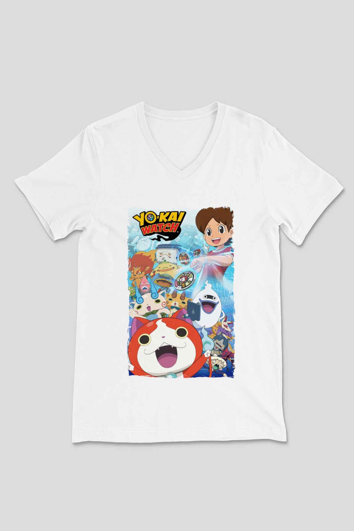 Yo-kai Watch Beyaz Unisex V Yaka Tişört