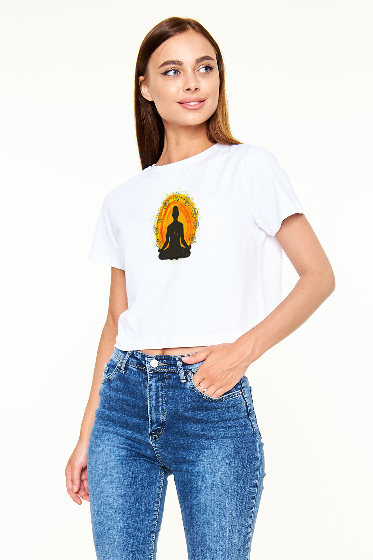 Yoga Baskılı Crop Top Beyaz Tişört - T-shirt