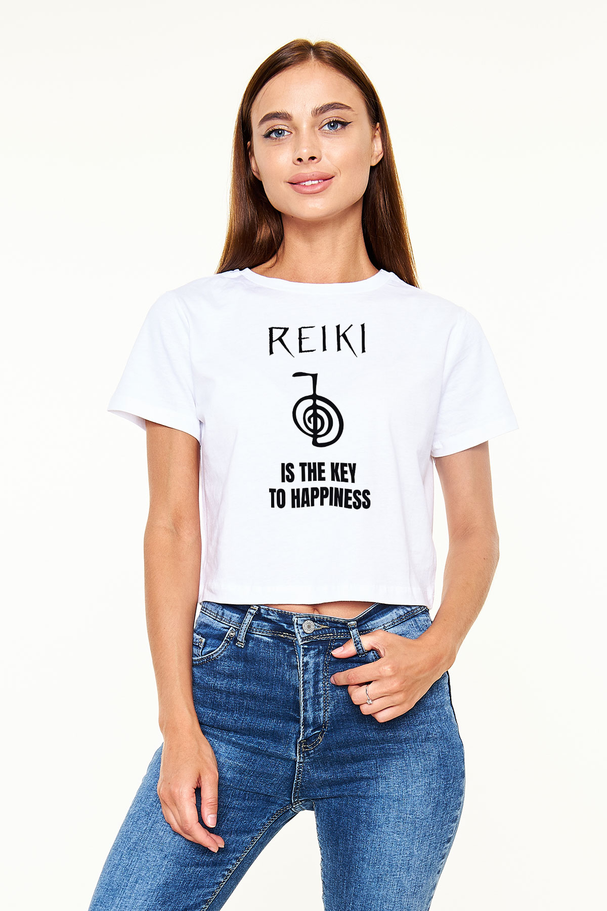 Yoga Baskılı Crop Top Beyaz Tişört - T-shirt