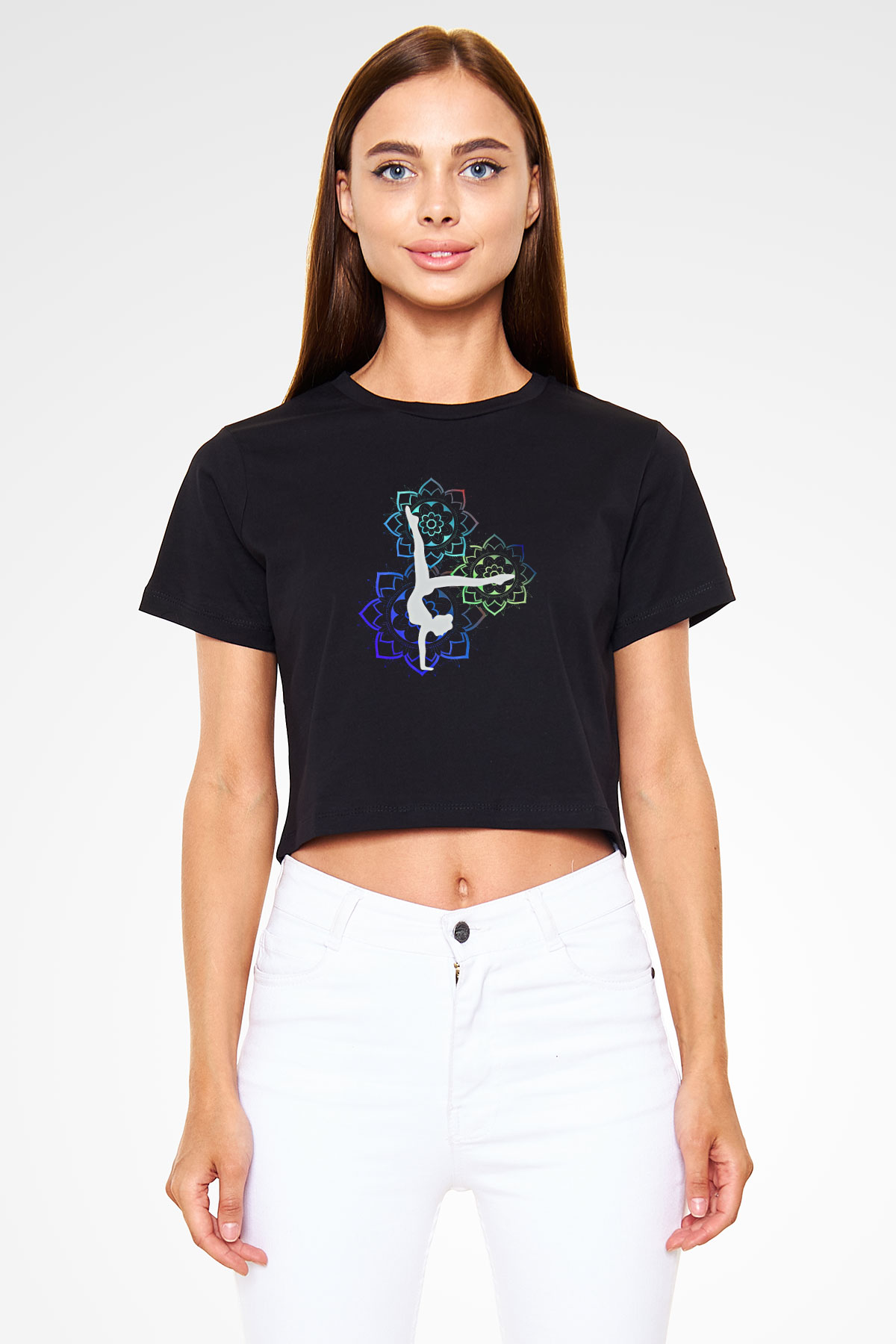 Yoga Baskılı Crop Top Siyah Kadın Tişört - Tshirt
