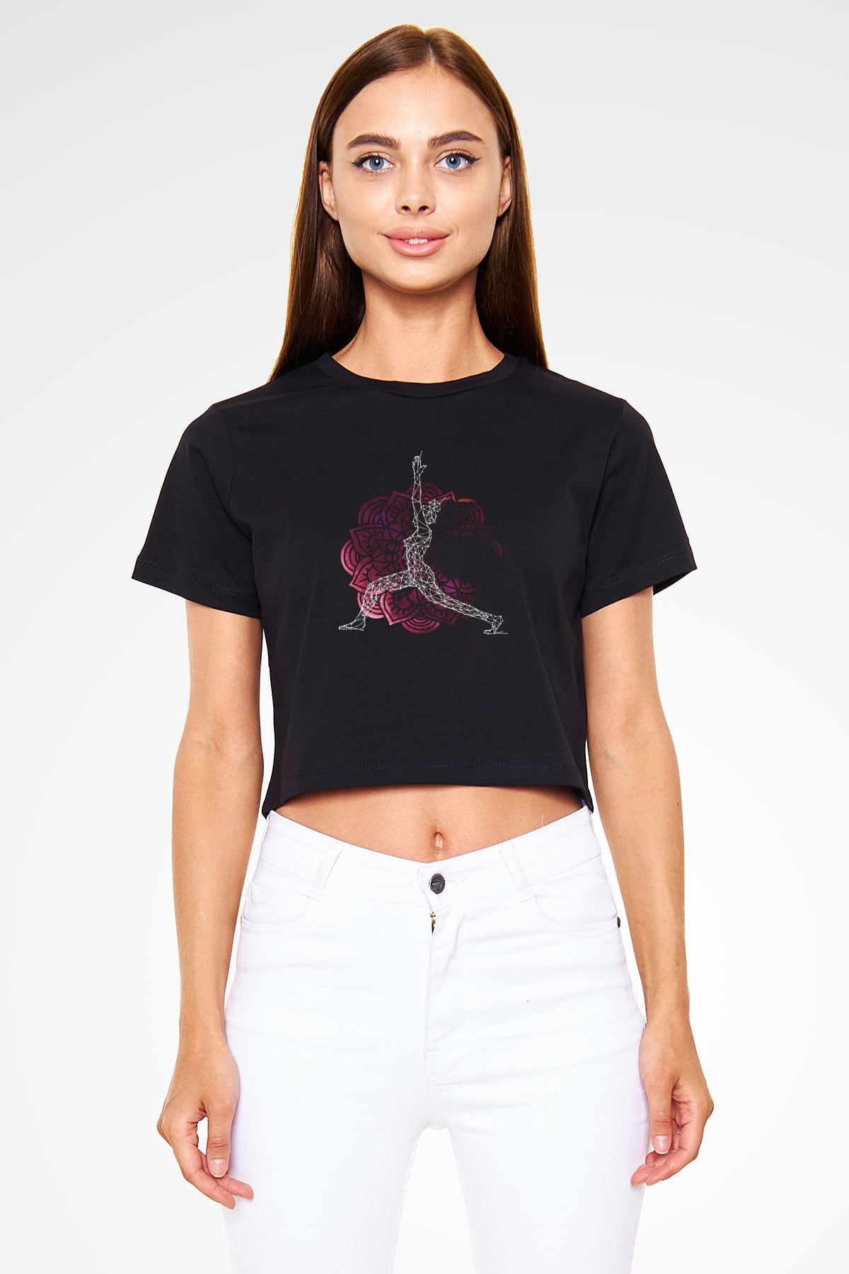 Yoga Baskılı Crop Top Siyah Kadın Tişört - Tshirt