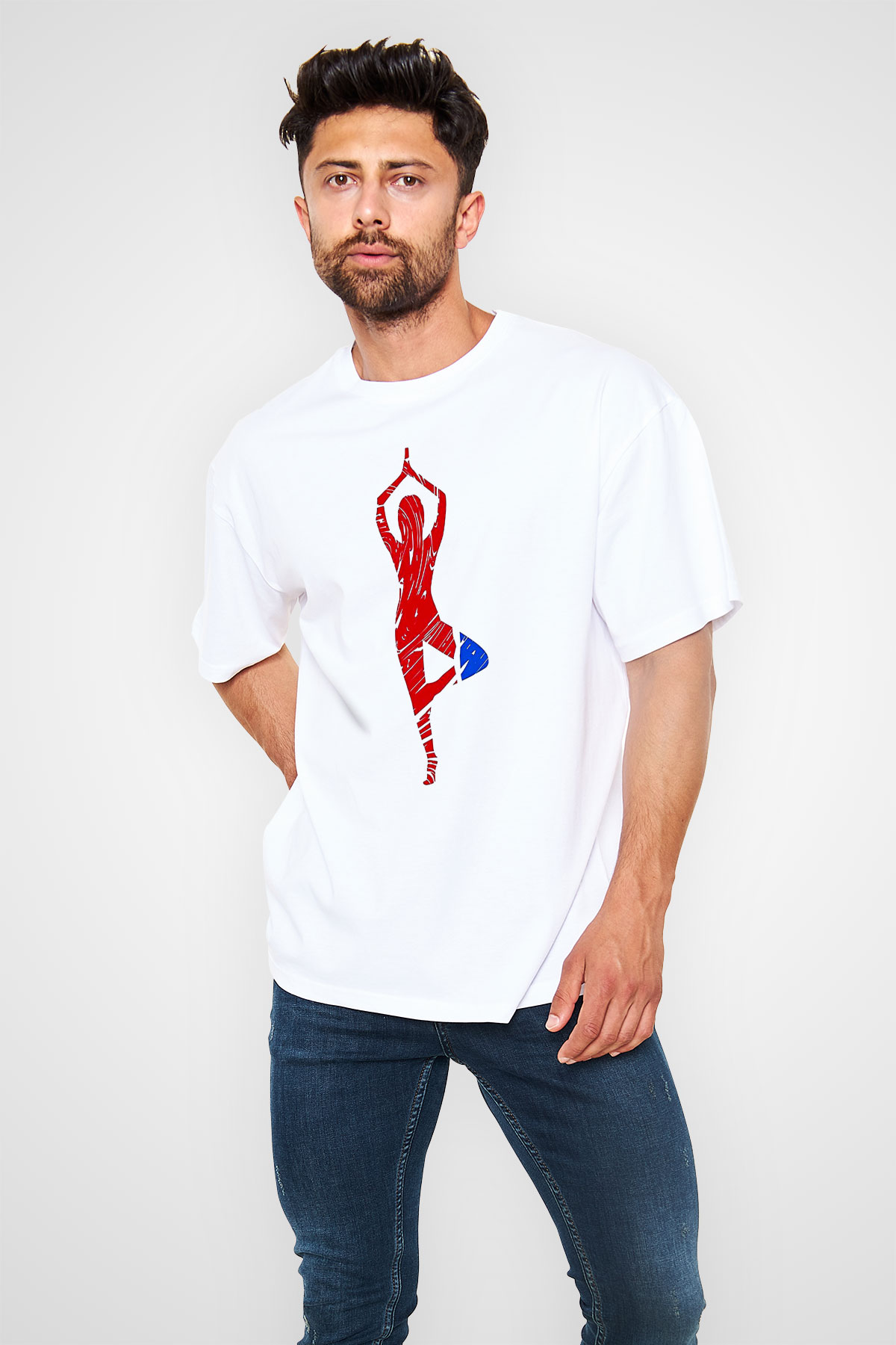 Yoga Baskılı Unisex Beyaz Oversize Tişört - Tshirt