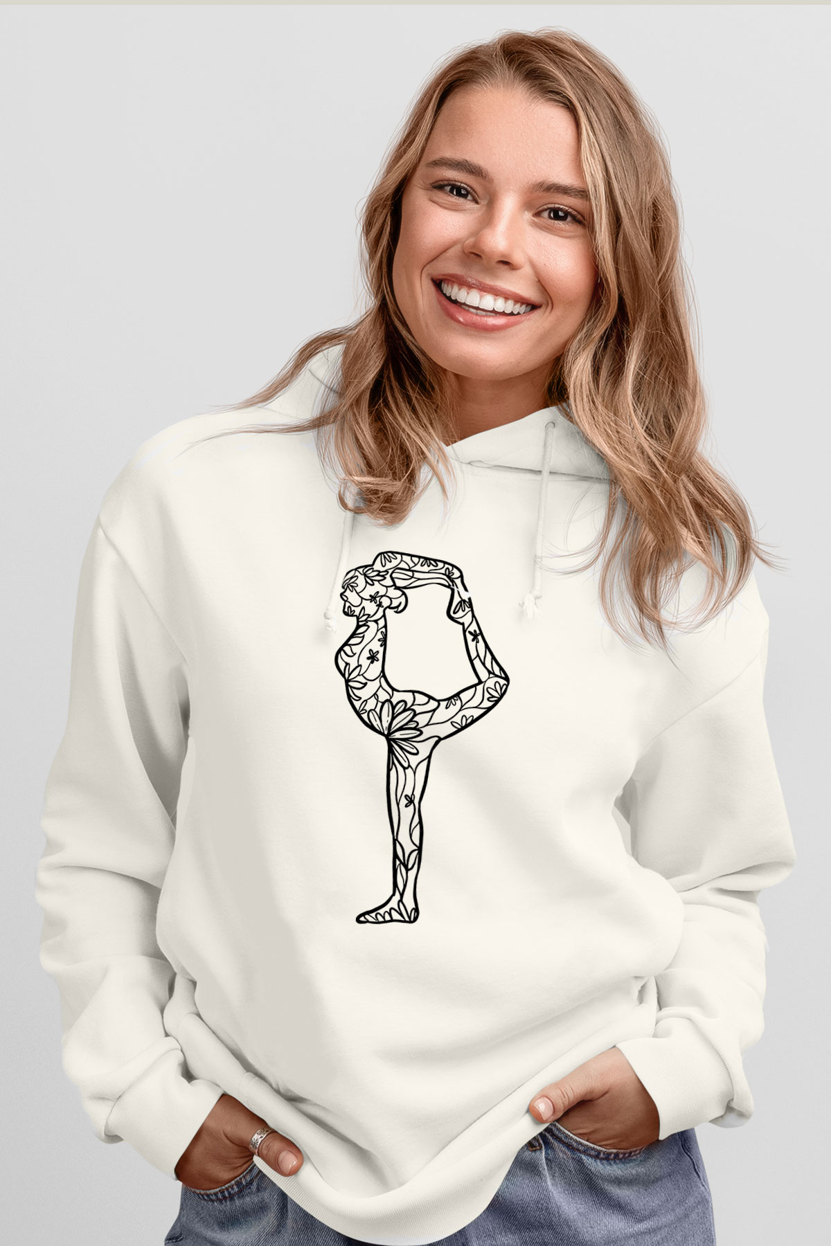 Yoga Baskılı Unisex Ekru Hoodie