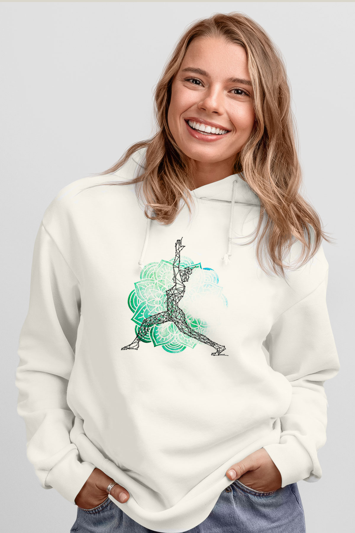 Yoga Baskılı Unisex Ekru Hoodie