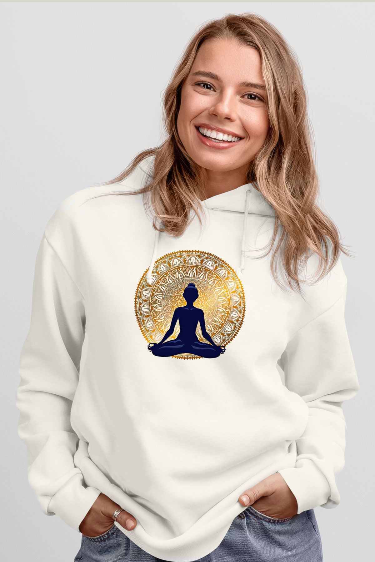 Yoga Baskılı Unisex Ekru Hoodie