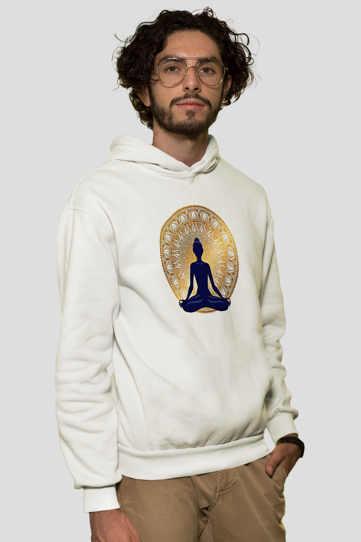 Yoga Baskılı Unisex Ekru Hoodie