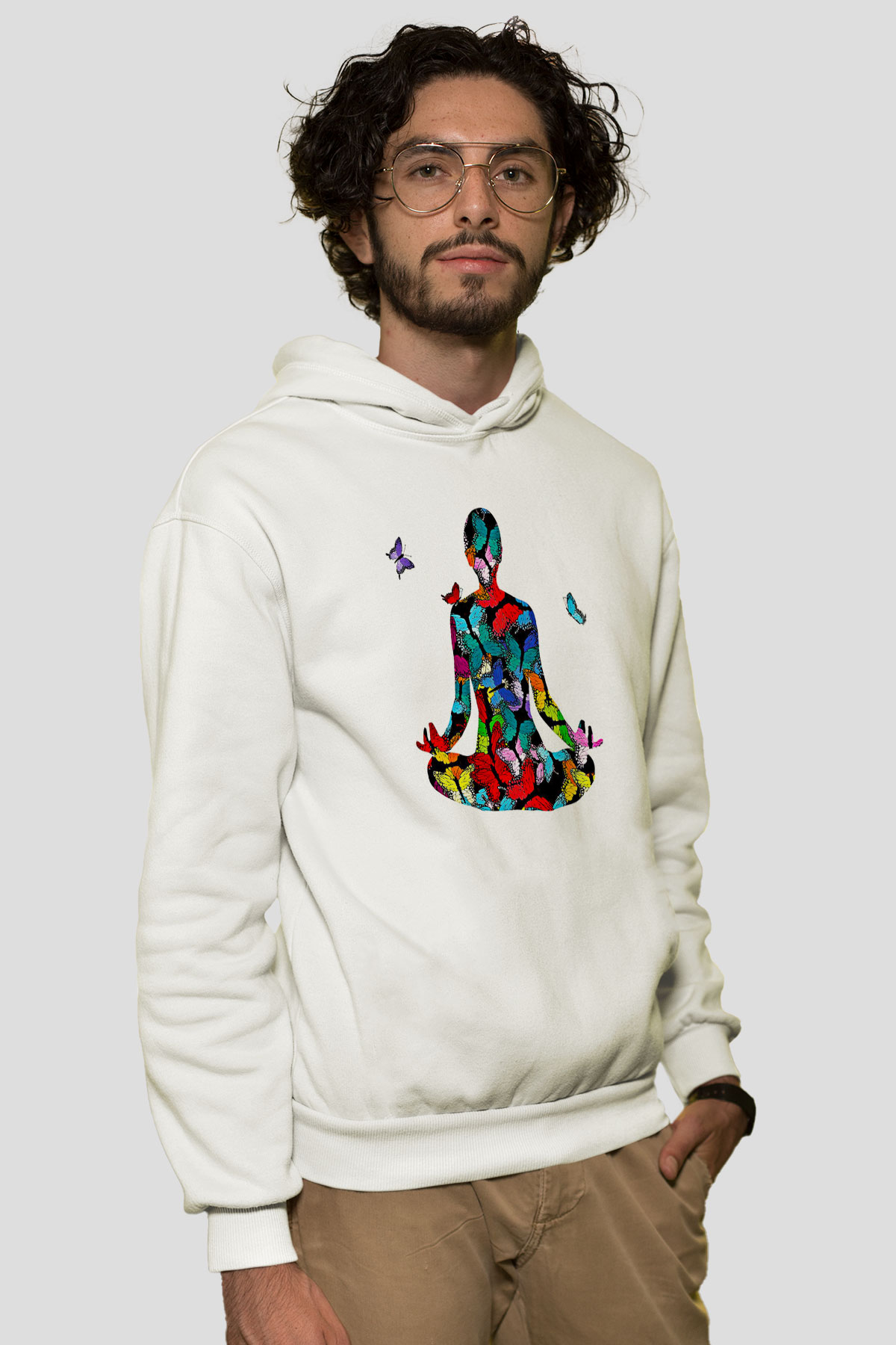 Yoga Baskılı Unisex Ekru Hoodie