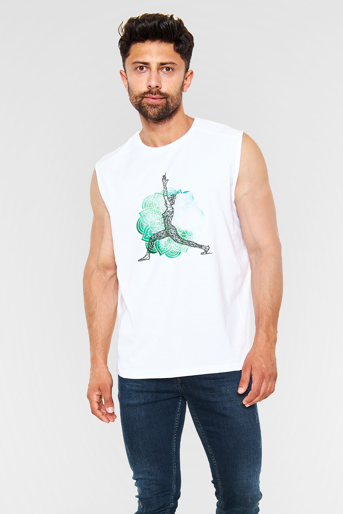 Yoga Baskılı Unisex Kolsuz Beyaz Tişört