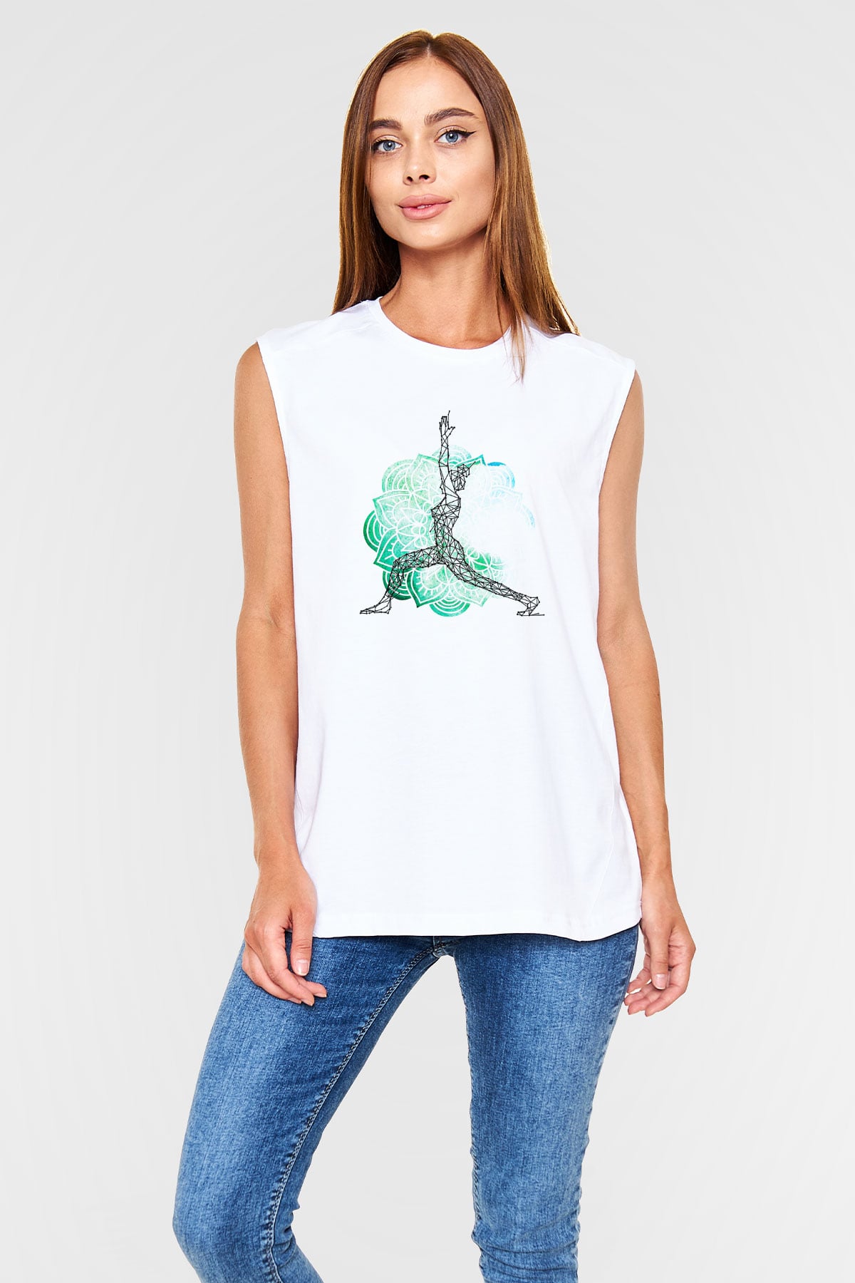Yoga Baskılı Unisex Kolsuz Beyaz Tişört