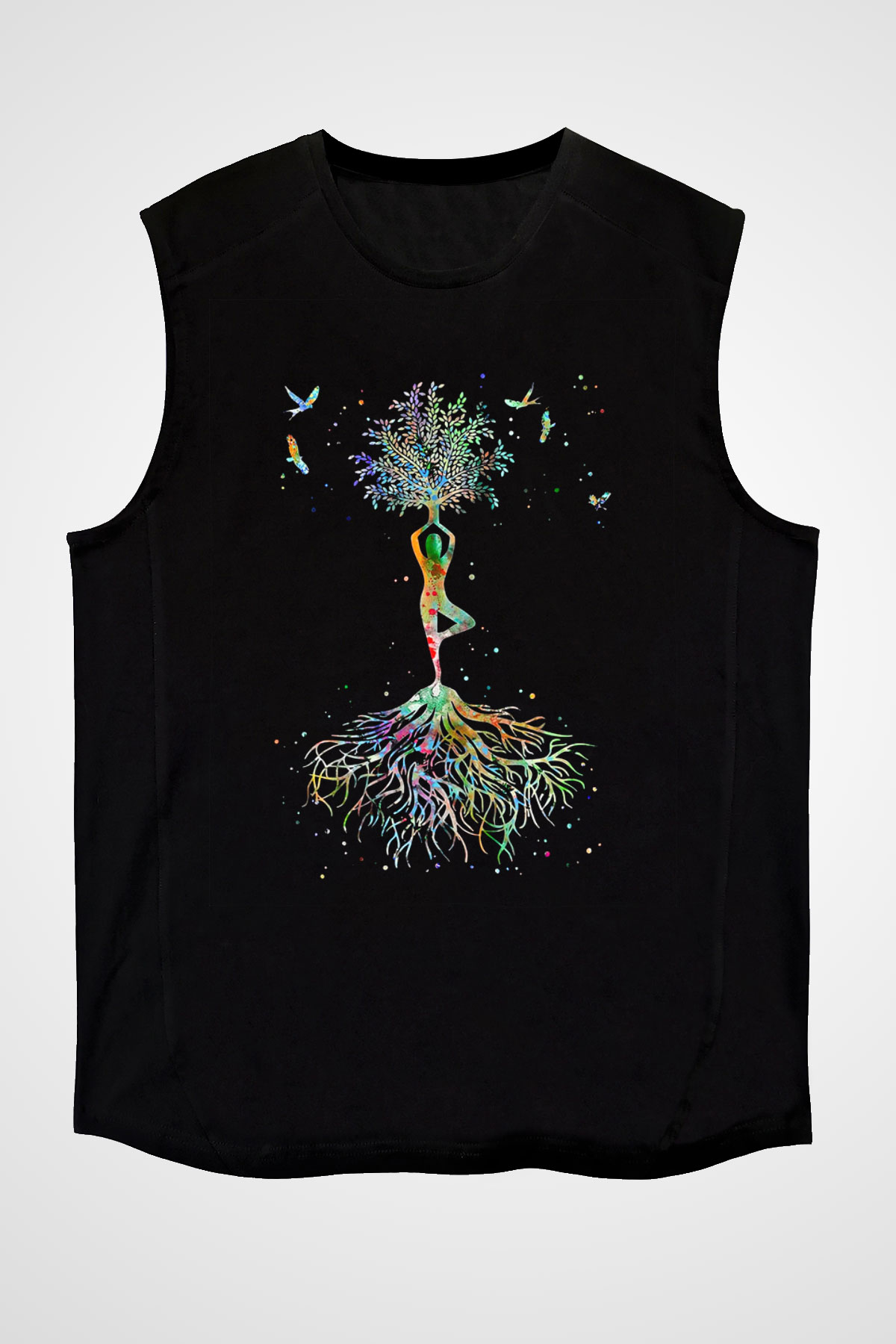 Yoga Baskılı Unisex Siyah Kolsuz Tişört