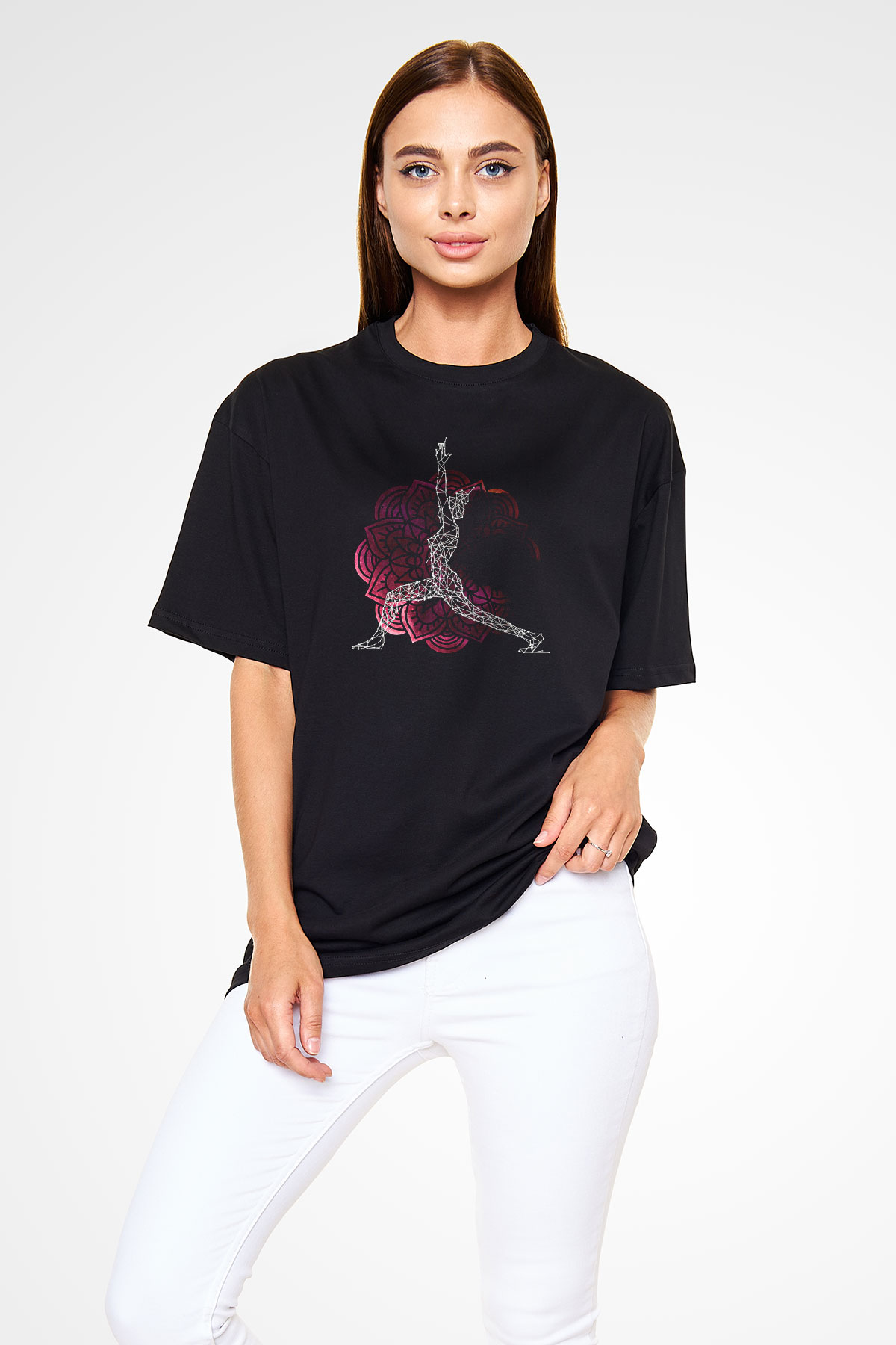 Yoga Baskılı Unisex Siyah Oversize Tişört