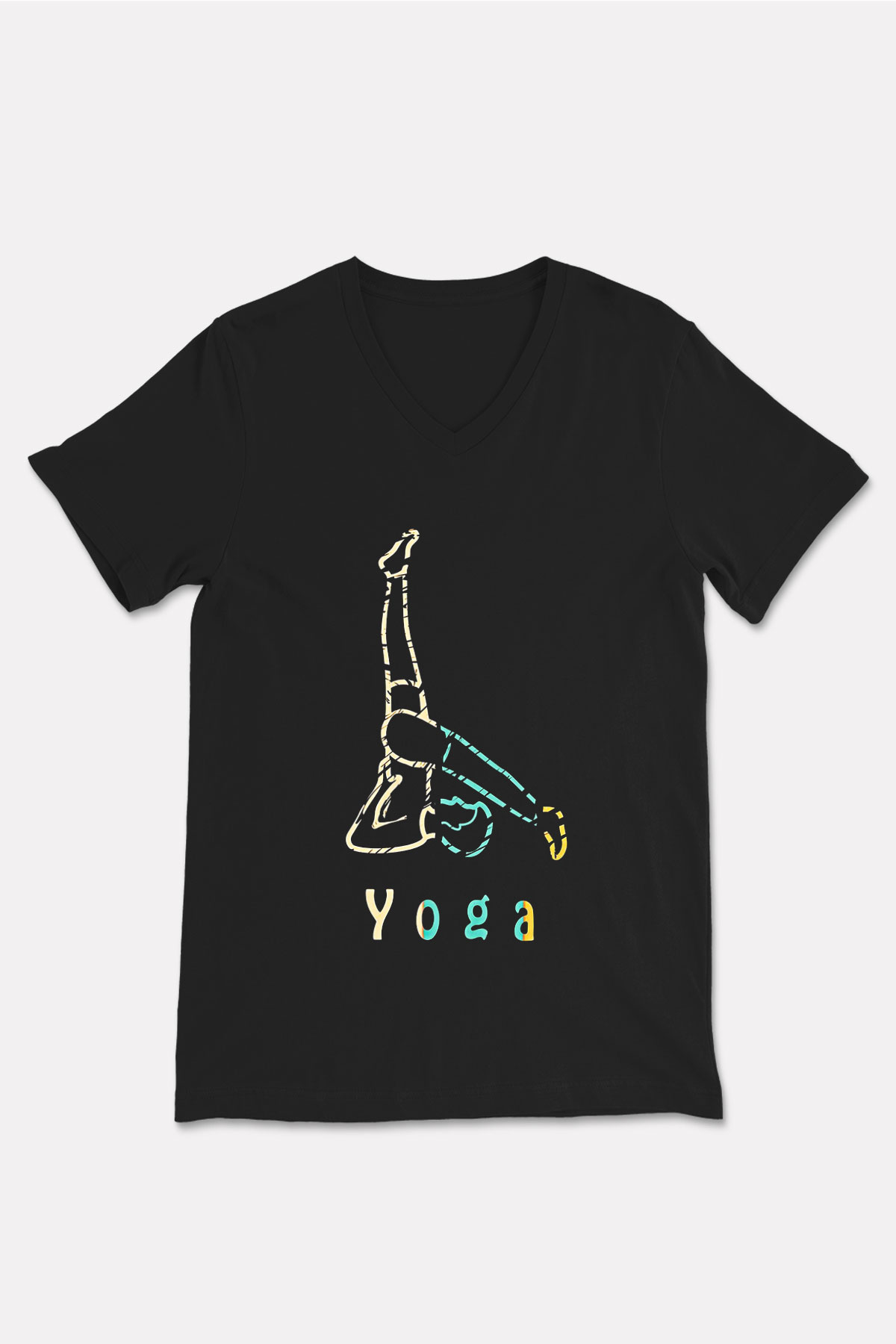 Yoga Baskılı Unisex Siyah V Yaka Tişört