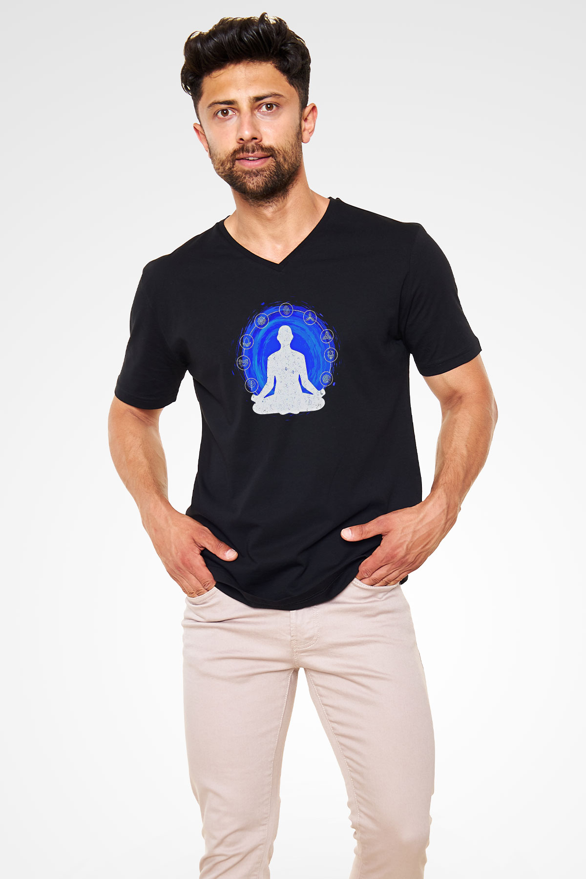 Yoga Baskılı Unisex Siyah V Yaka Tişört