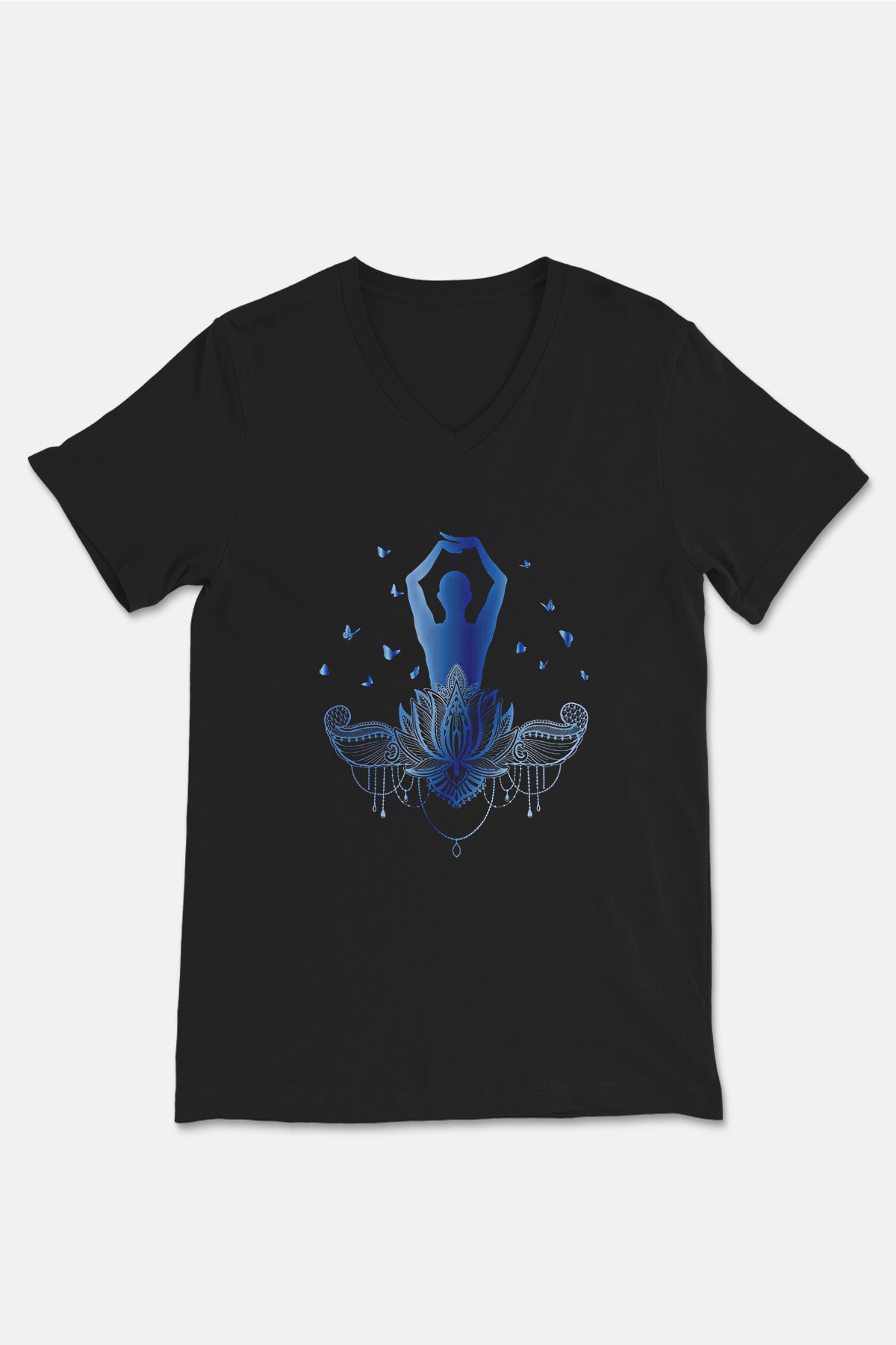Yoga Baskılı Unisex Siyah V Yaka Tişört