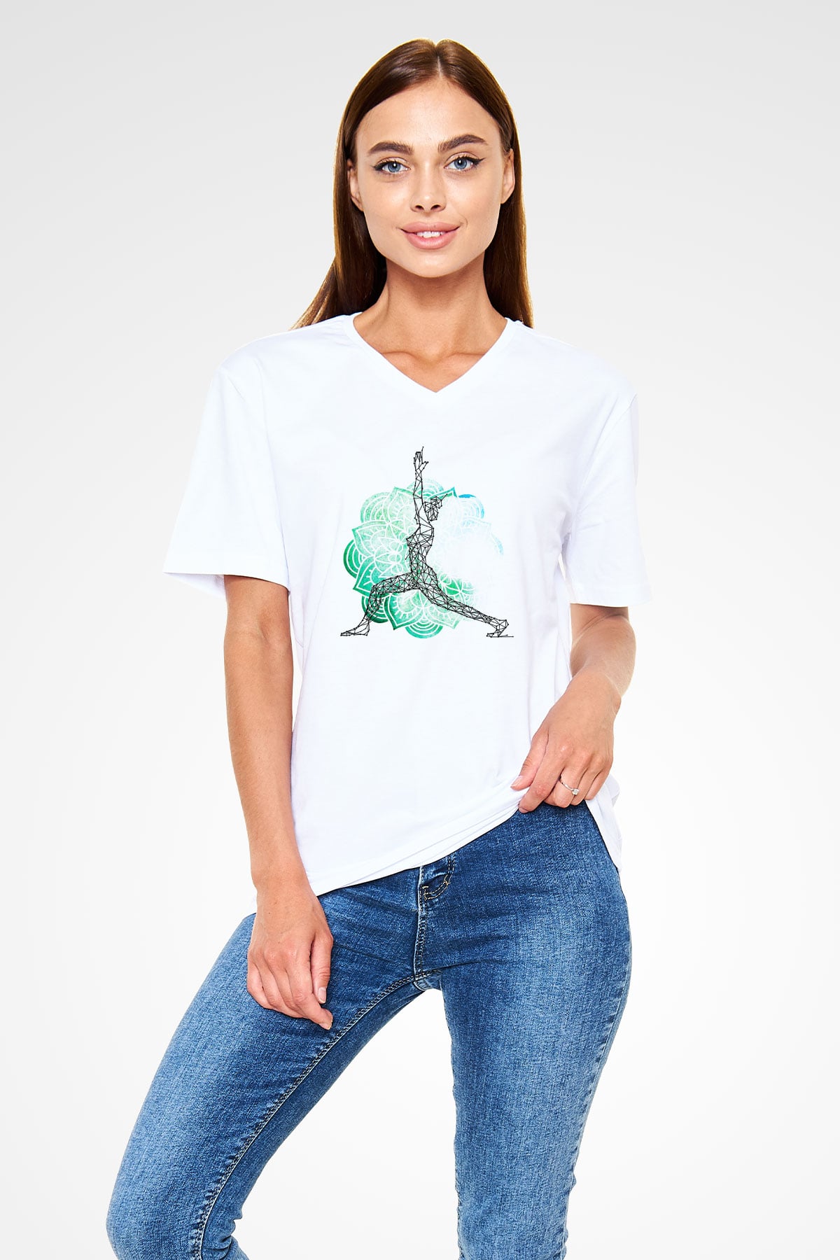 Yoga Baskılı Unisex V Yaka Tişört - Tshirt