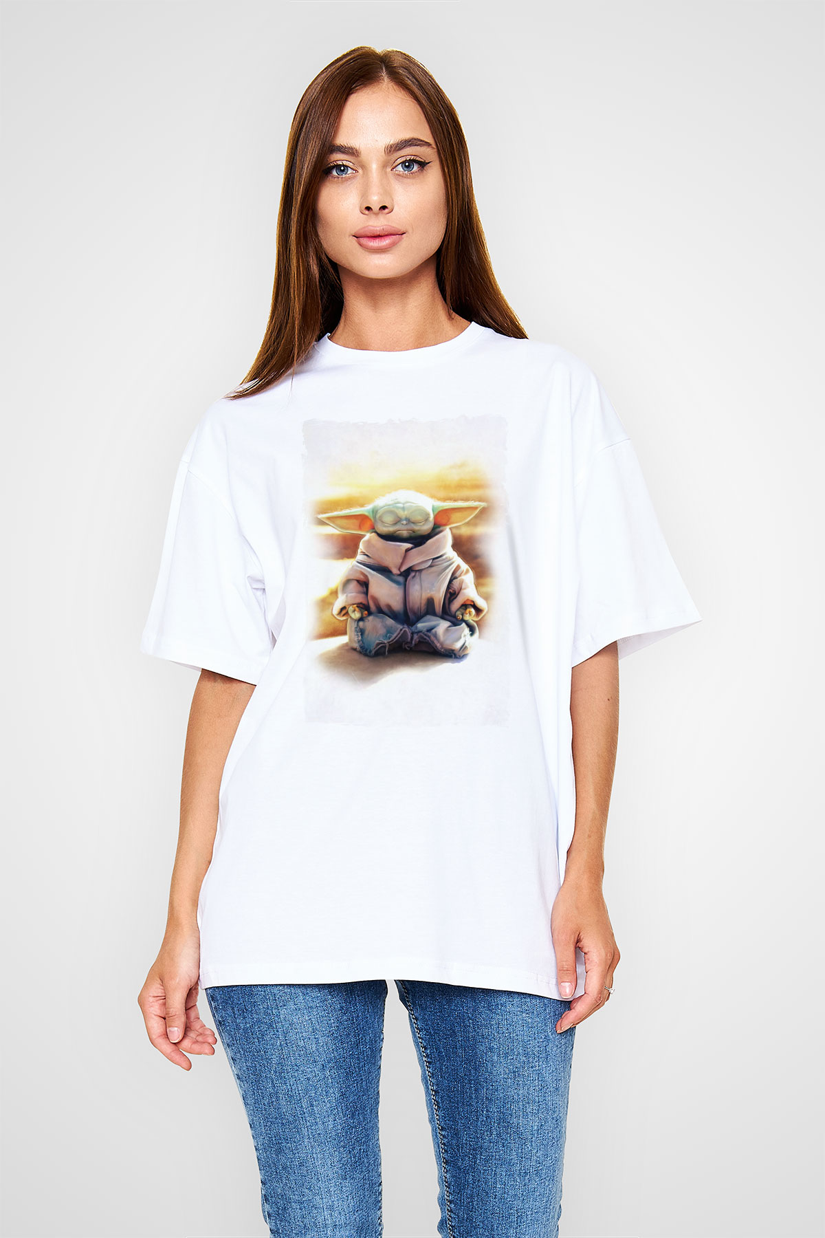 Yoga Yoda Baskılı Oversize Beyaz Tişört
