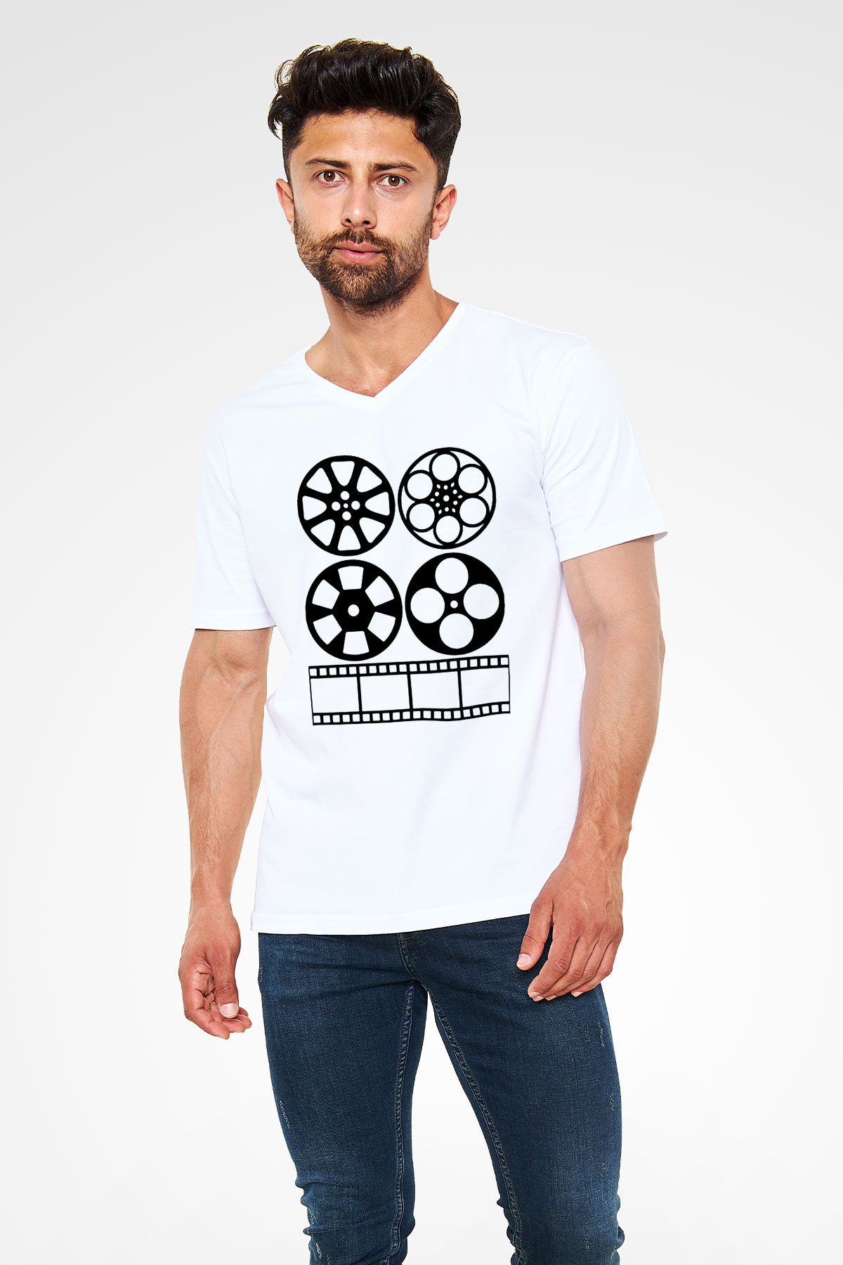 Yönetmen Beyaz Unisex V Yaka Tişört T-Shirt