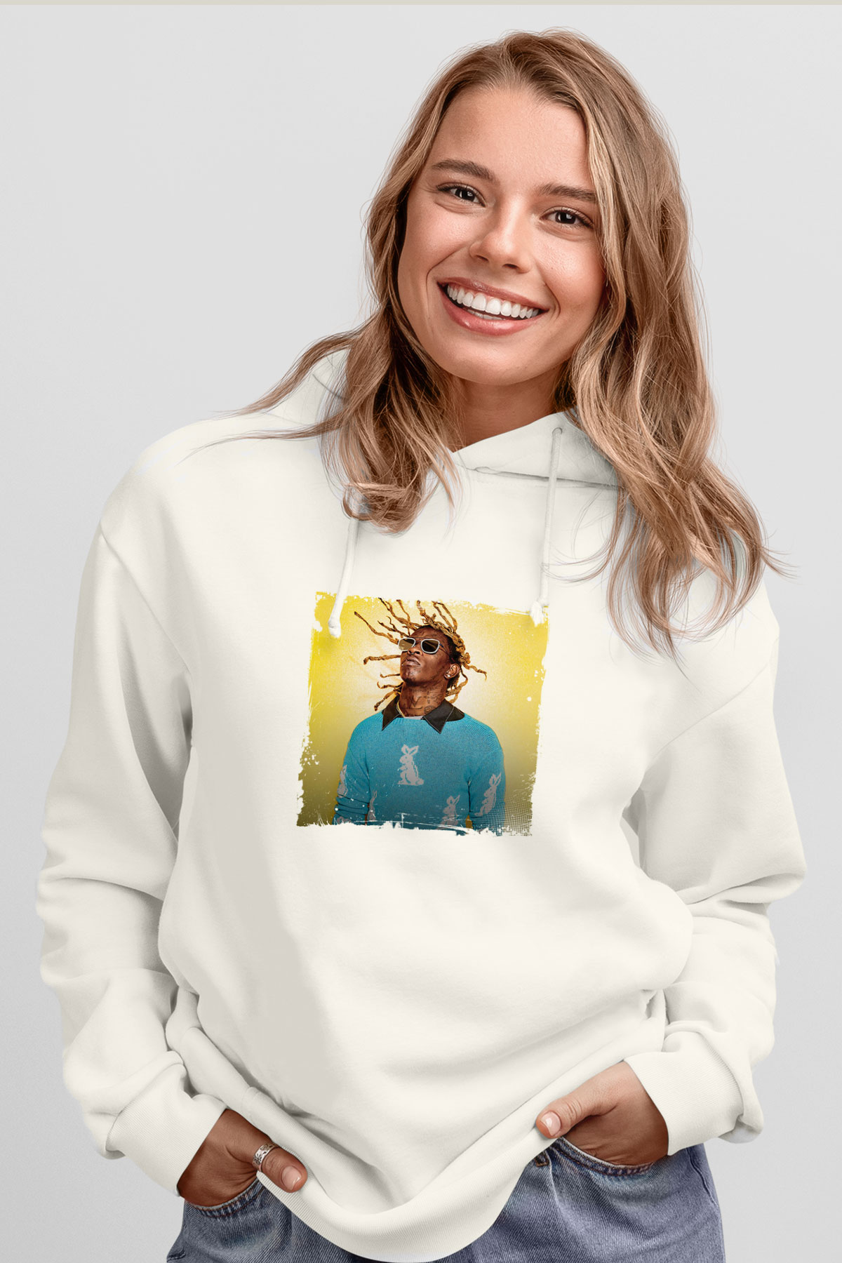 Young Thug Baskılı Unisex Beyaz Kapüşonlu Sweatshirt