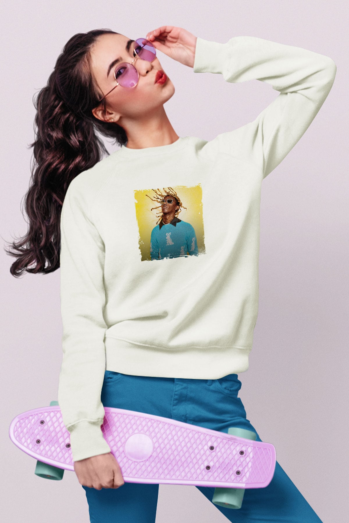 Young Thug Baskılı Unisex Beyaz Sweatshirt