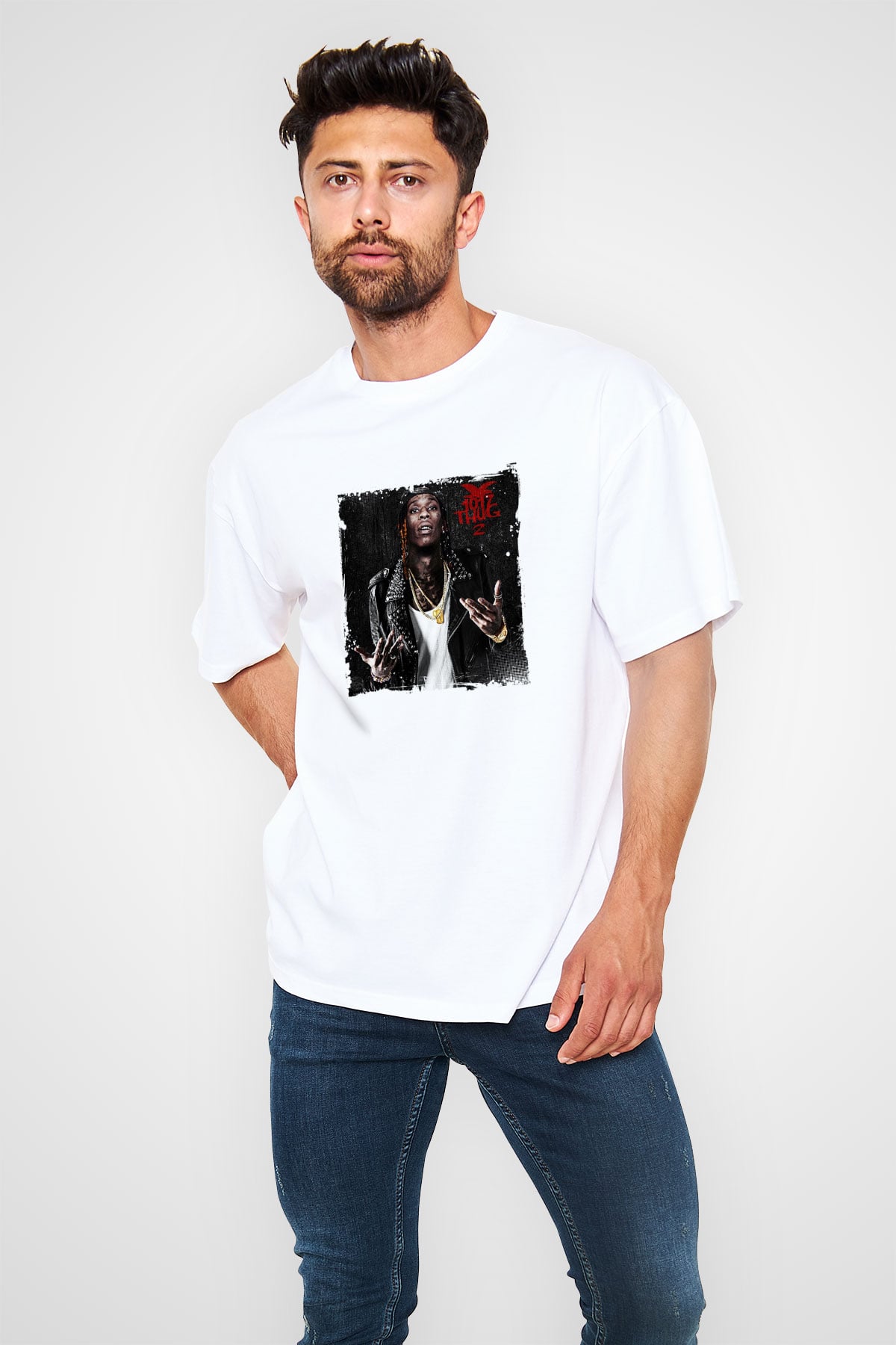 Young Thug Baskılı Oversize Beyaz Tişört