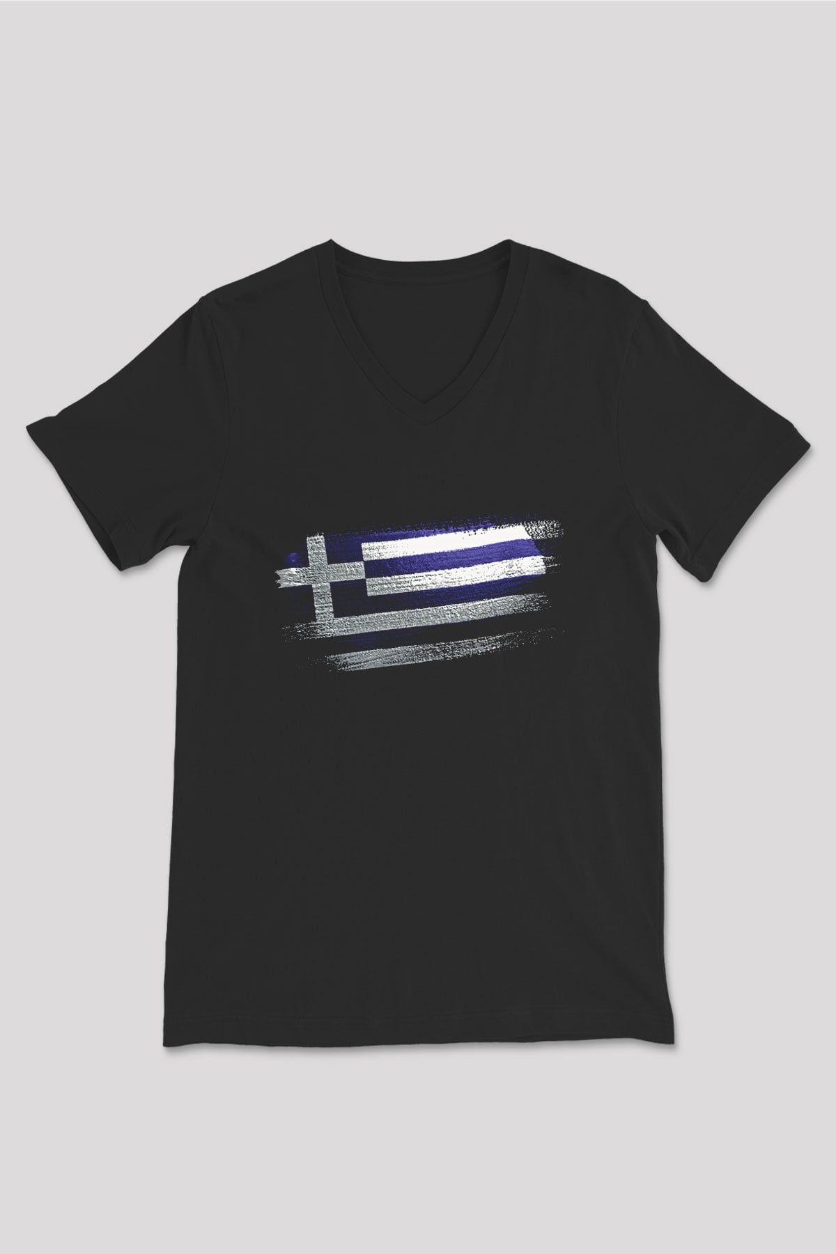Yunanistan - Greece Bayrağı Baskılı Unisex Siyah V Yaka Tişört