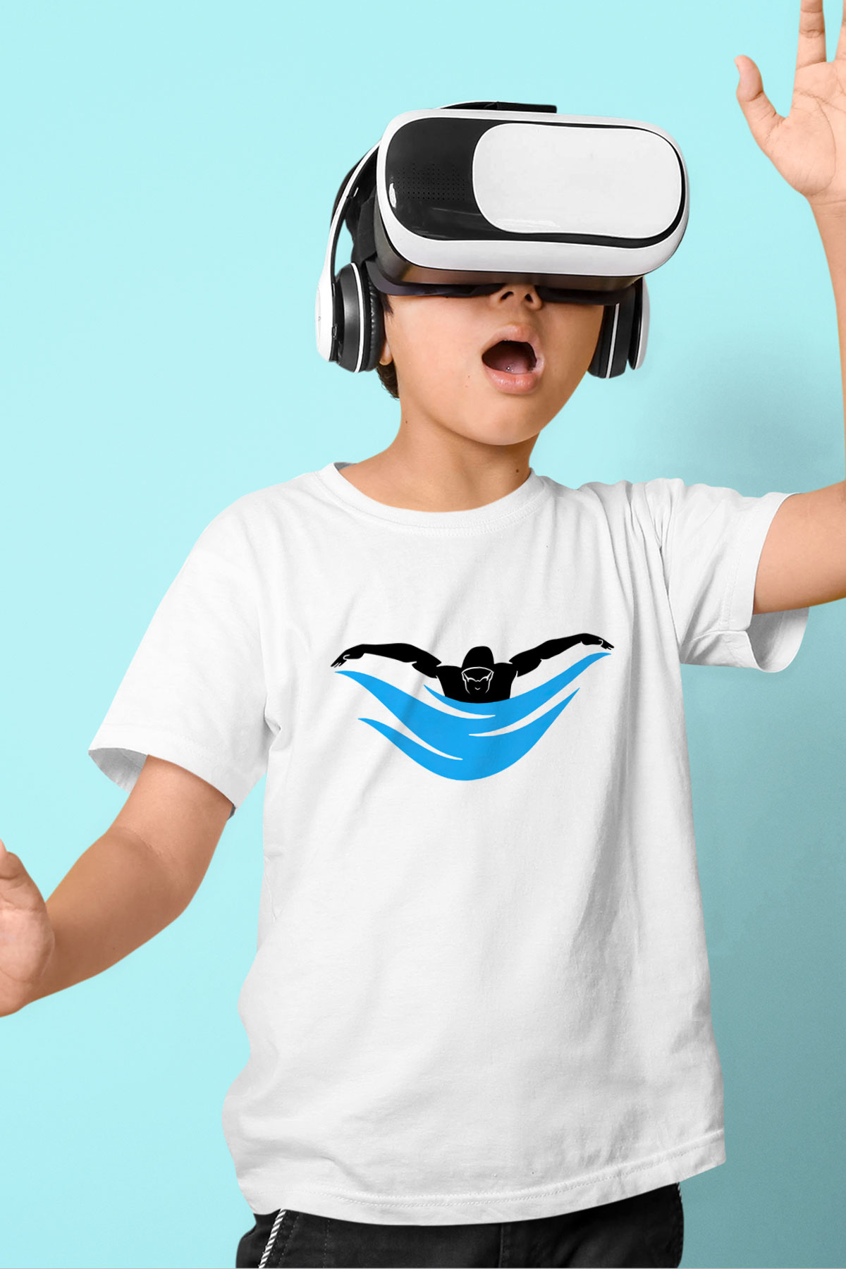 Yüzme Baskılı Beyaz Unisex Çocuk Tişört