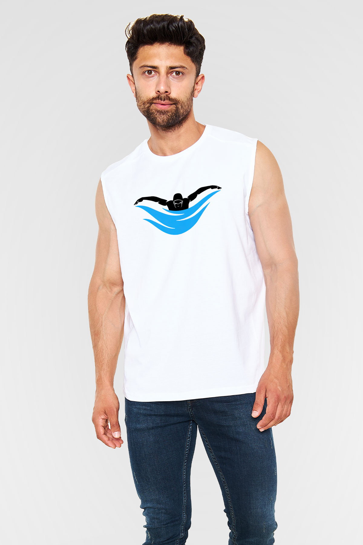 Yüzme Beyaz Unisex Kolsuz Tişört