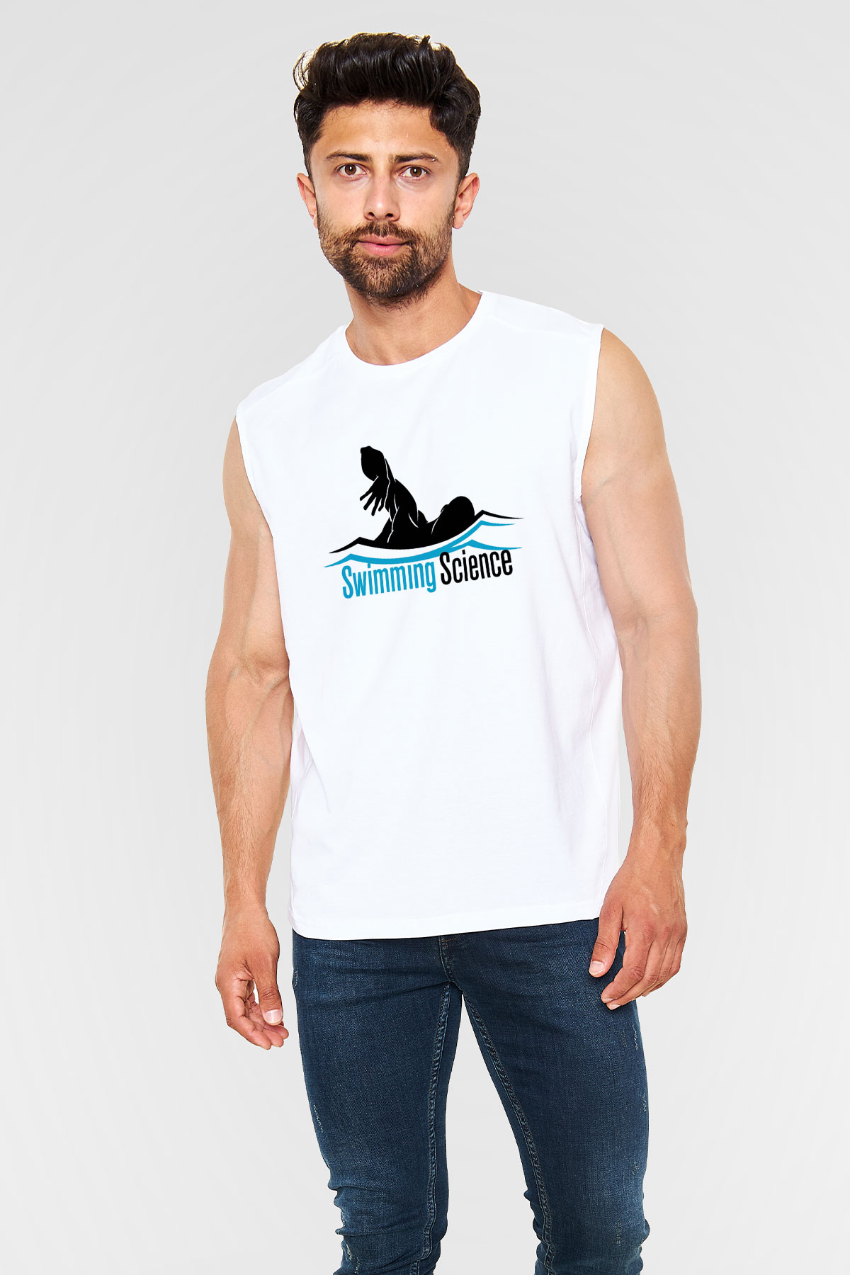 Yüzme Beyaz Unisex Kolsuz Tişört