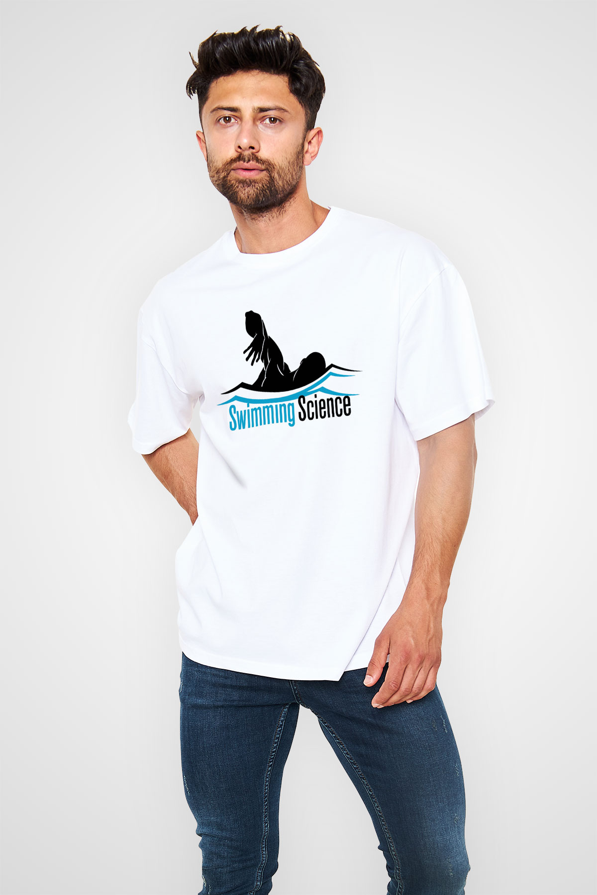 Yüzme Beyaz Unisex Oversize Tişört T-Shirt