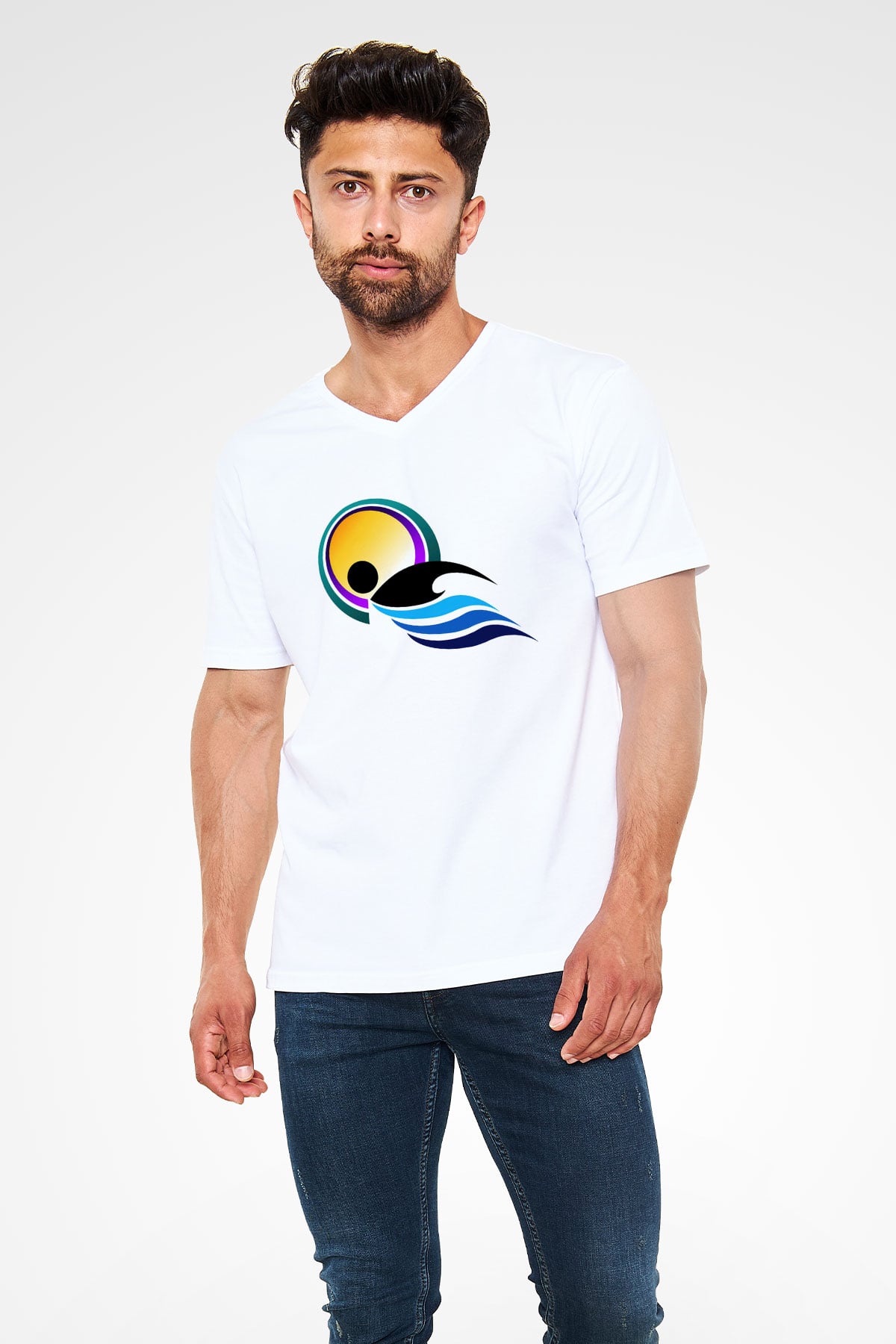 Yüzme Beyaz Unisex V Yaka Tişört T-Shirt