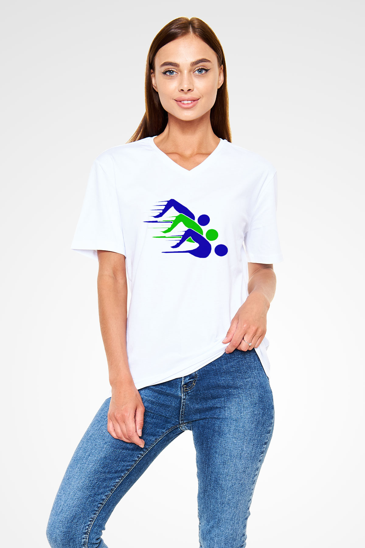 Yüzme Beyaz Unisex V Yaka Tişört T-Shirt