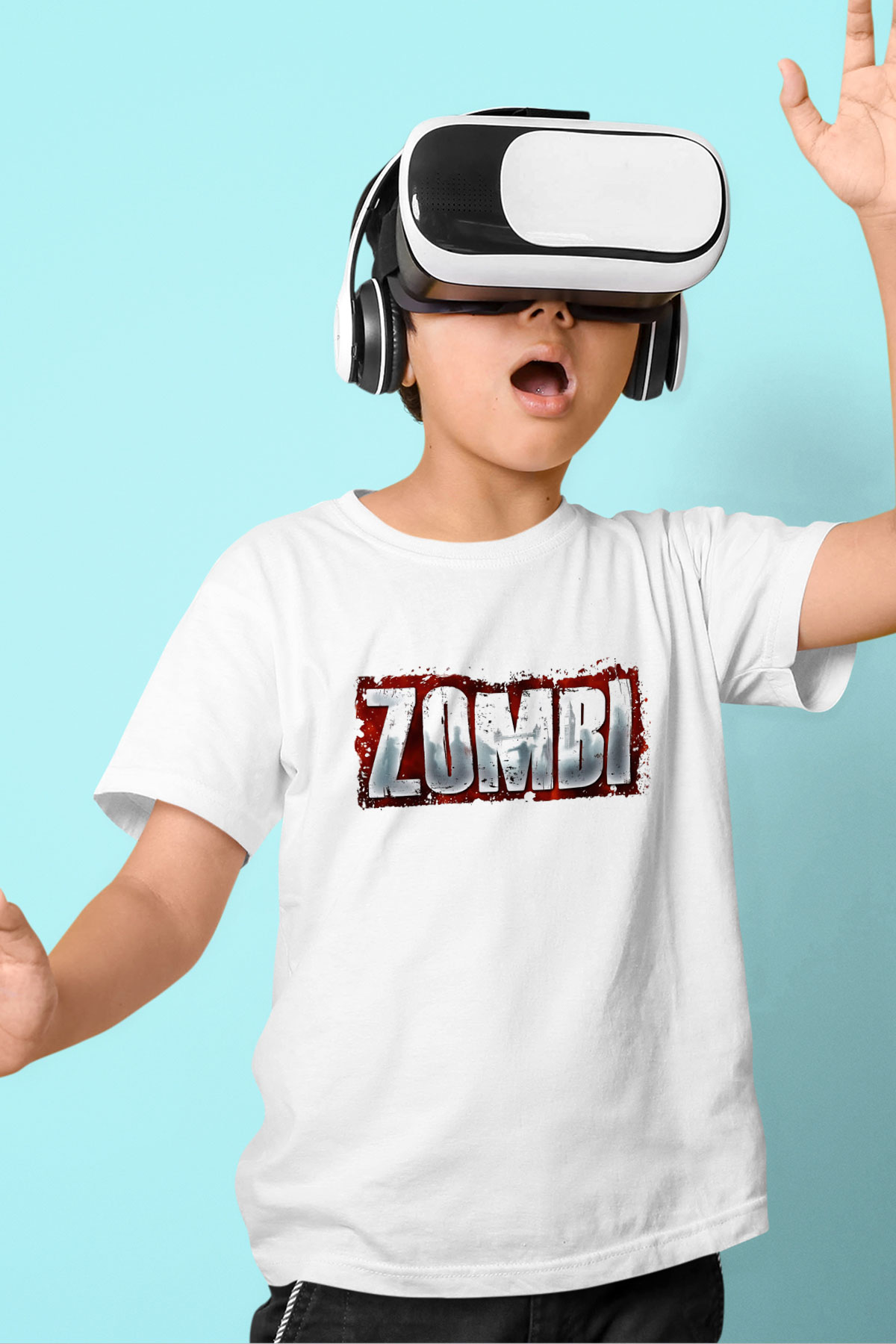 Zombi Baskılı Beyaz Unisex Çocuk Tişört