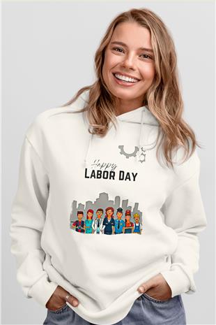 1 Mayıs Baskılı Beyaz Unisex Hoodie