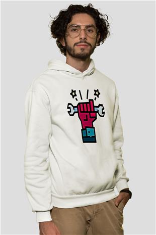 1 Mayıs Baskılı Beyaz Unisex Hoodie