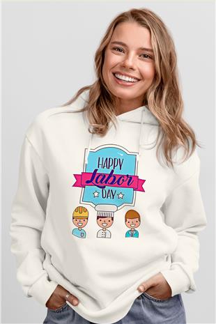 1 Mayıs Baskılı Beyaz Unisex Hoodie