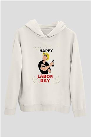 1 Mayıs Baskılı Beyaz Unisex Hoodie