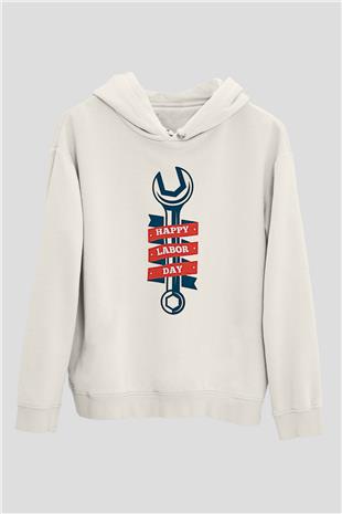 1 Mayıs Baskılı Beyaz Unisex Hoodie