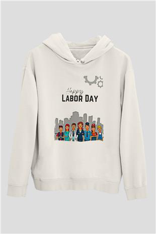 1 Mayıs Baskılı Beyaz Unisex Hoodie