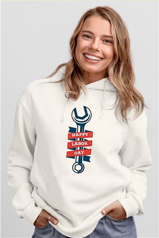 1 Mayıs Baskılı Beyaz Unisex Hoodie