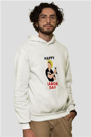 1 Mayıs Baskılı Beyaz Unisex Hoodie