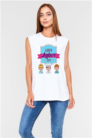 1 Mayıs Baskılı Beyaz Unisex Kolsuz Tişört - Tshirt