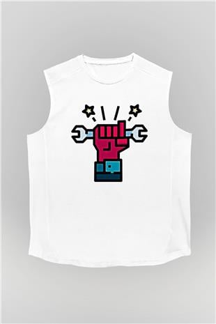 1 Mayıs Baskılı Beyaz Unisex Kolsuz Tişört - Tshirt