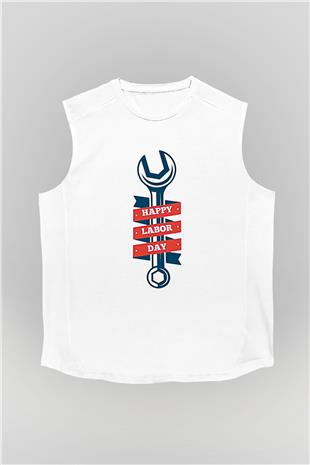1 Mayıs Baskılı Beyaz Unisex Kolsuz Tişört - Tshirt
