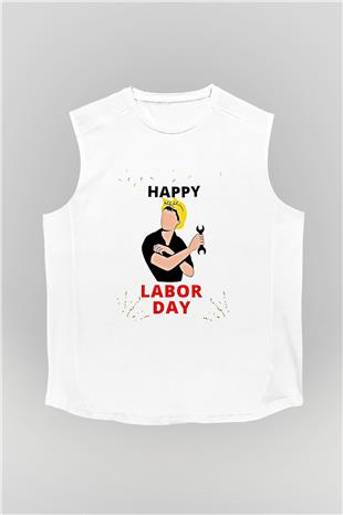 1 Mayıs Baskılı Beyaz Unisex Kolsuz Tişört - Tshirt
