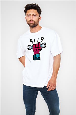 1 Mayıs Baskılı Beyaz Unisex Oversize Tişört - Tshirt