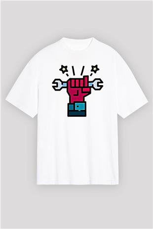 1 Mayıs Baskılı Beyaz Unisex Oversize Tişört - Tshirt