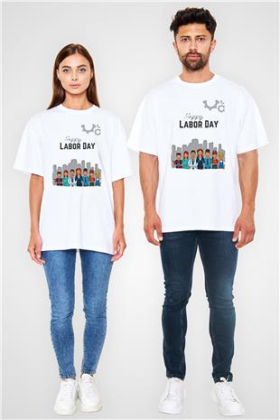 1 Mayıs Baskılı Beyaz Unisex Oversize Tişört - Tshirt