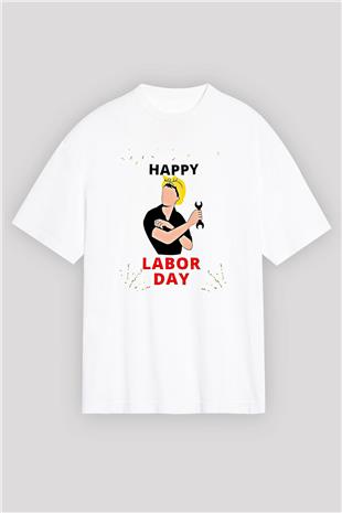 1 Mayıs Baskılı Beyaz Unisex Oversize Tişört - Tshirt